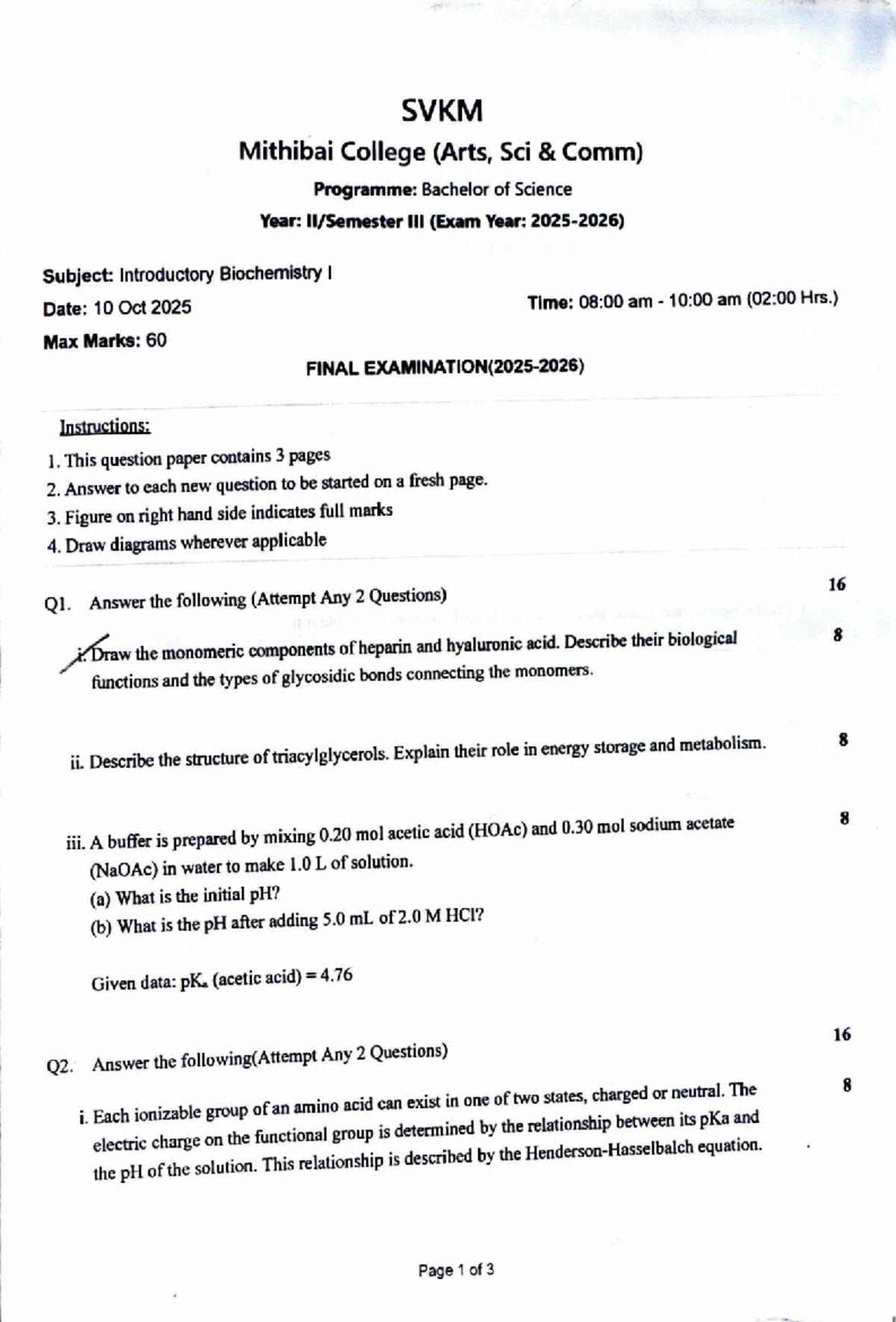 B.Sc. Introductory Biochemistry I - Final Exam Paper 2025 - Studocu