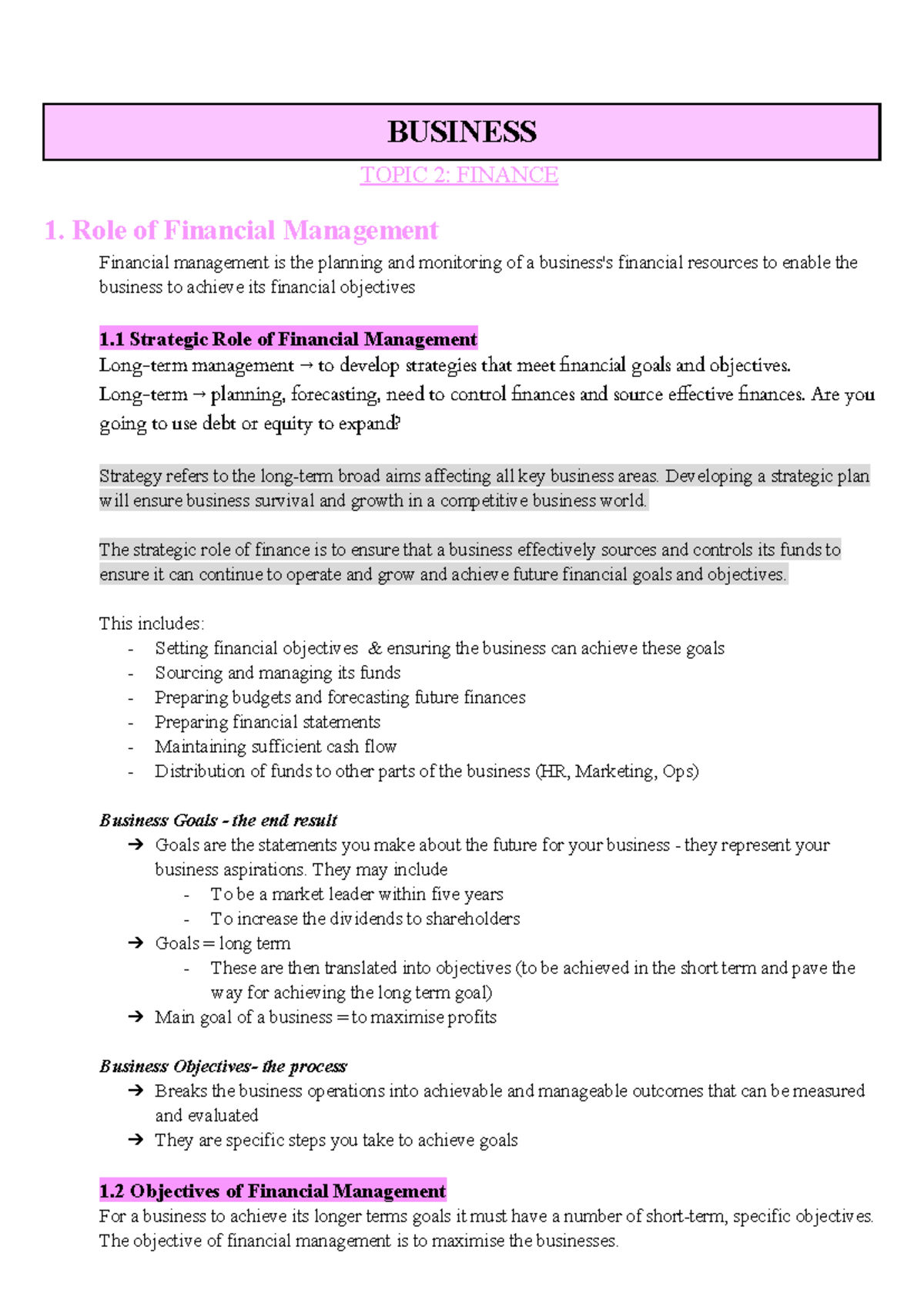 Business T2: Finance - The Strategic Role of Financial Management - Studocu