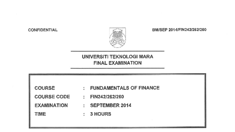FIN242 Final Examination: Fundamentals of Finance - September 2014 ...