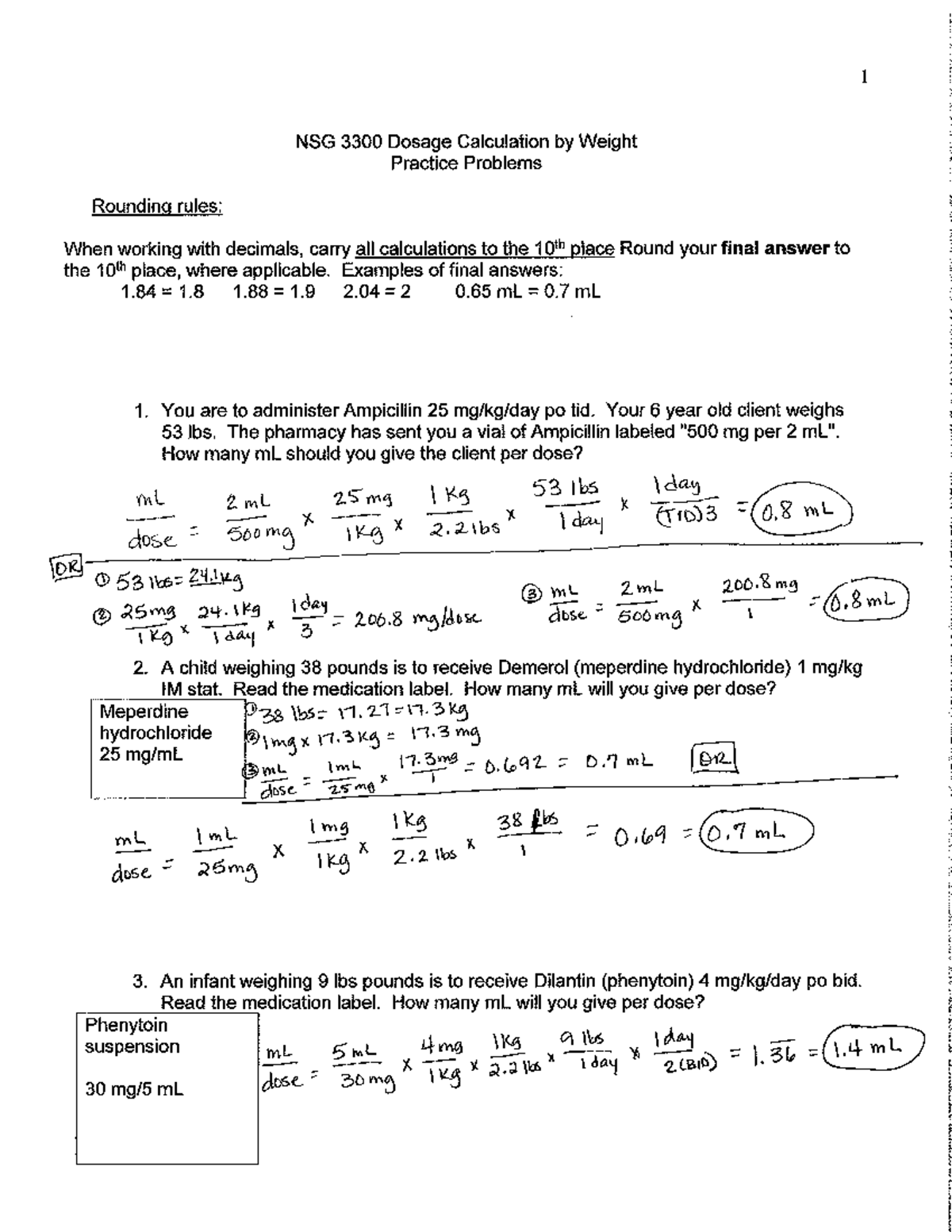 Pediatric Calculation worksheet KEY - 1 NSG 3300 Dosage Calculation Weight Practice Problems - Studocu for Free Printable Dosage Calculation Worksheets