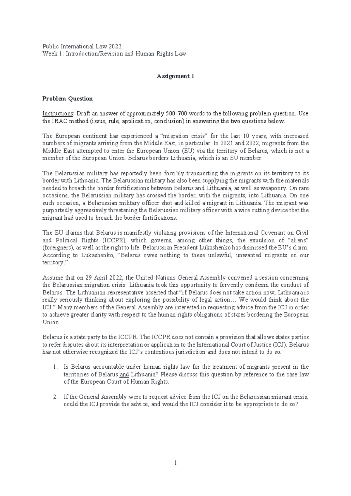 Week 1 Assignment: Public International Law & Human Rights Issues PIL ...