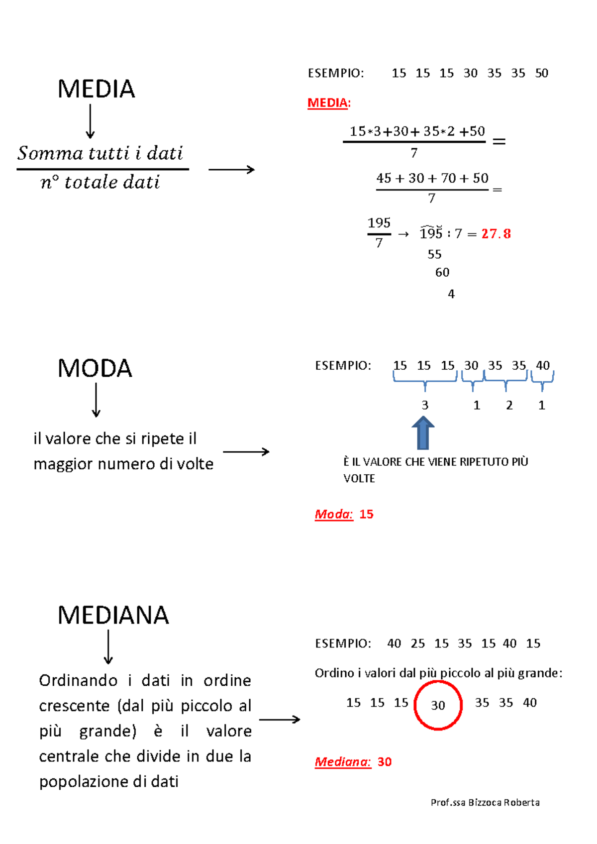 Moda, Media e Mediana: Riassunto Statistica - Prof.ssa Bizzoca - Studocu