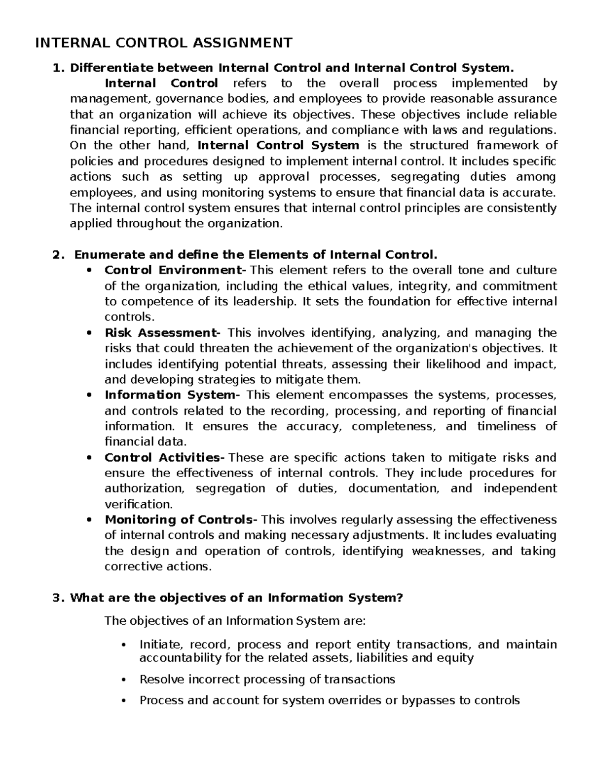 Internal Control Assignment - INTERNAL CONTROL ASSIGNMENT 1 ...