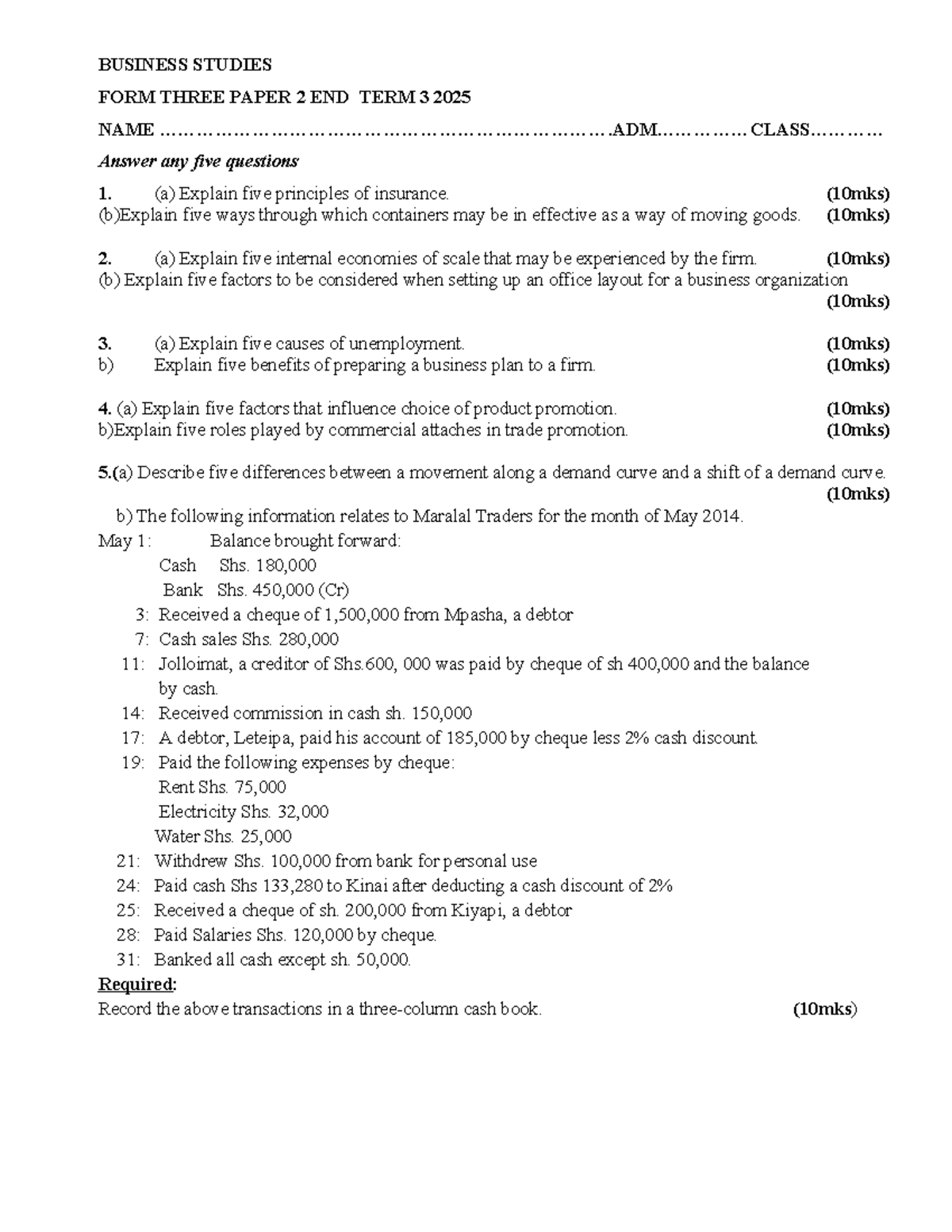 BUSINESS STUDIES F3 PAPER 2 END TERM 3 2025 QUESTION SET - Studocu