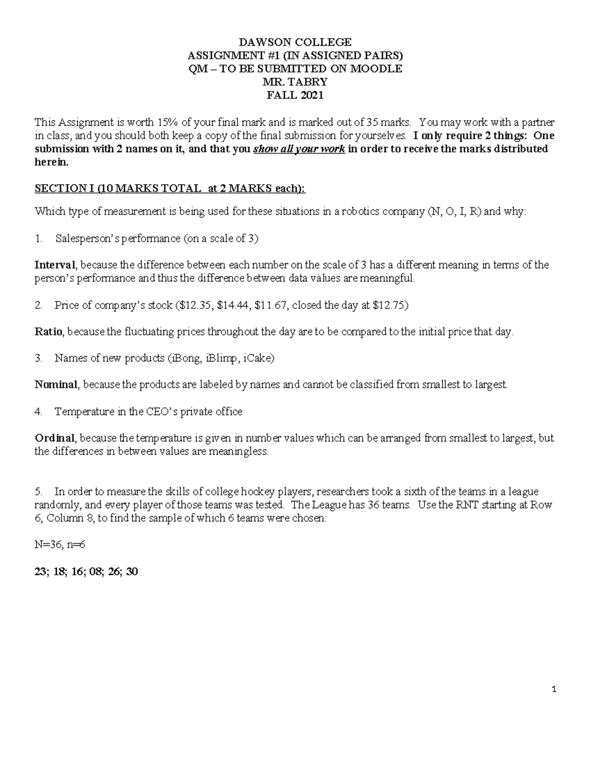Assignment 1 QM FALL2021 - DAWSON COLLEGE ASSIGNMENT #1 (IN ASSIGNED ...