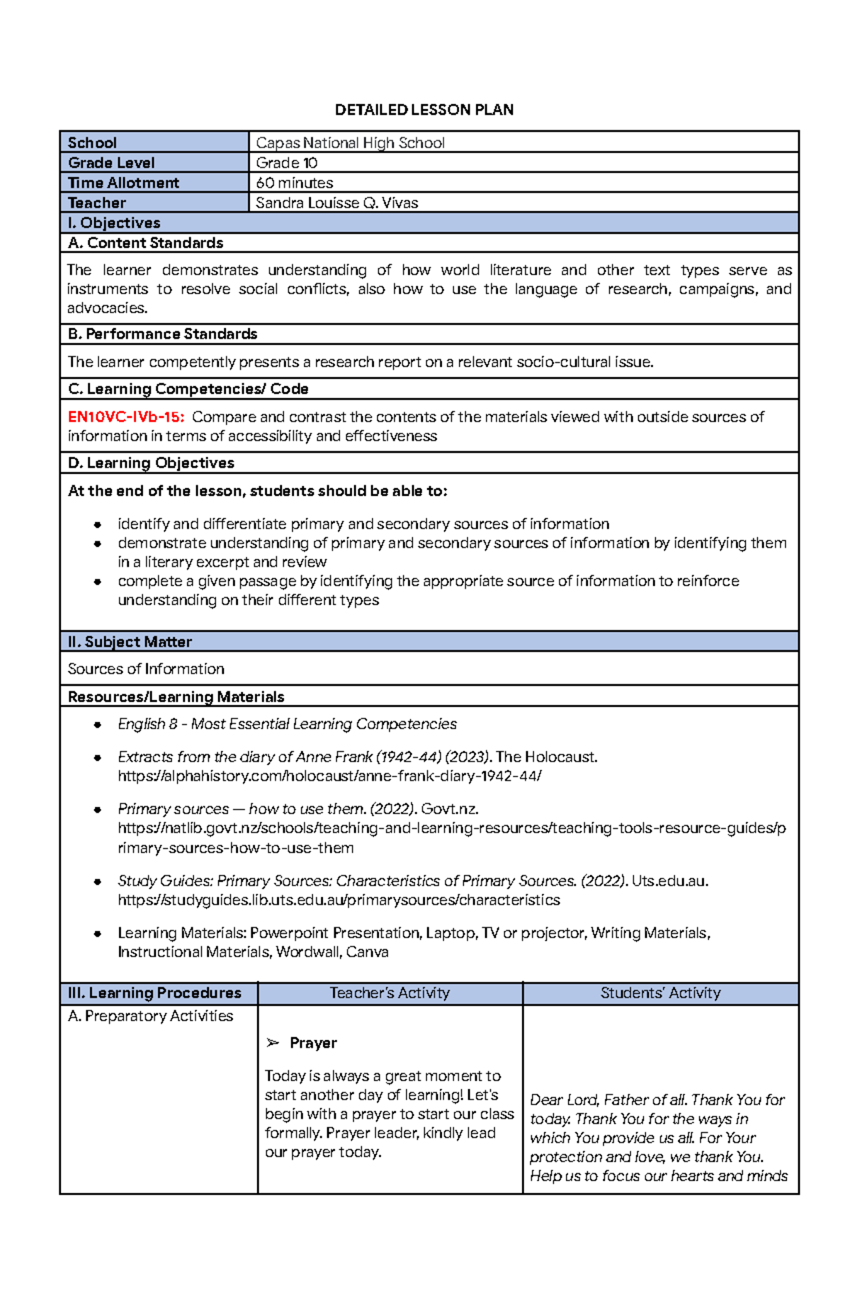 Detailed Lesson Plan: Sources of Info for Grade 10 (Final NA Talaga ...