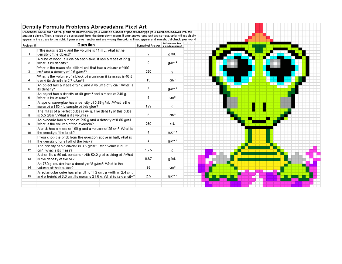 Density Formula Problems: Abracadabra Pixel Art Practice Sheet - Studocu