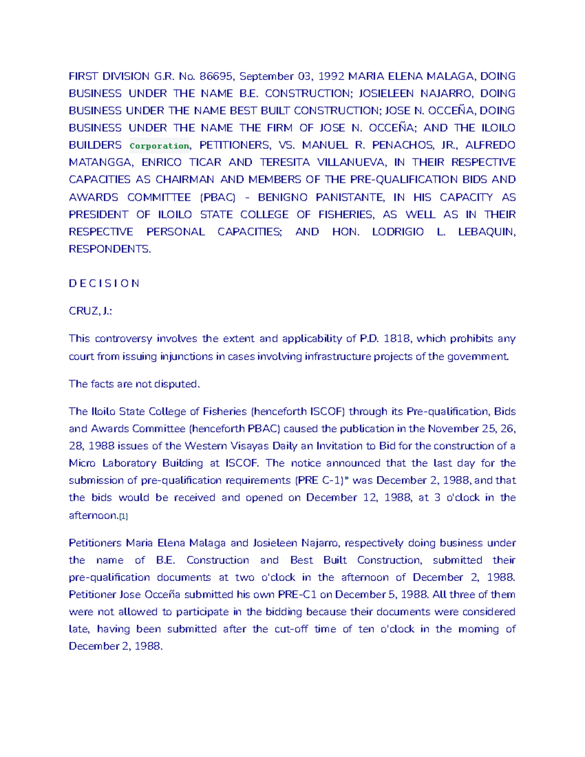 G.R. No. 86695: Decision on Bidding Irregularities at ISCOF (1992 ...