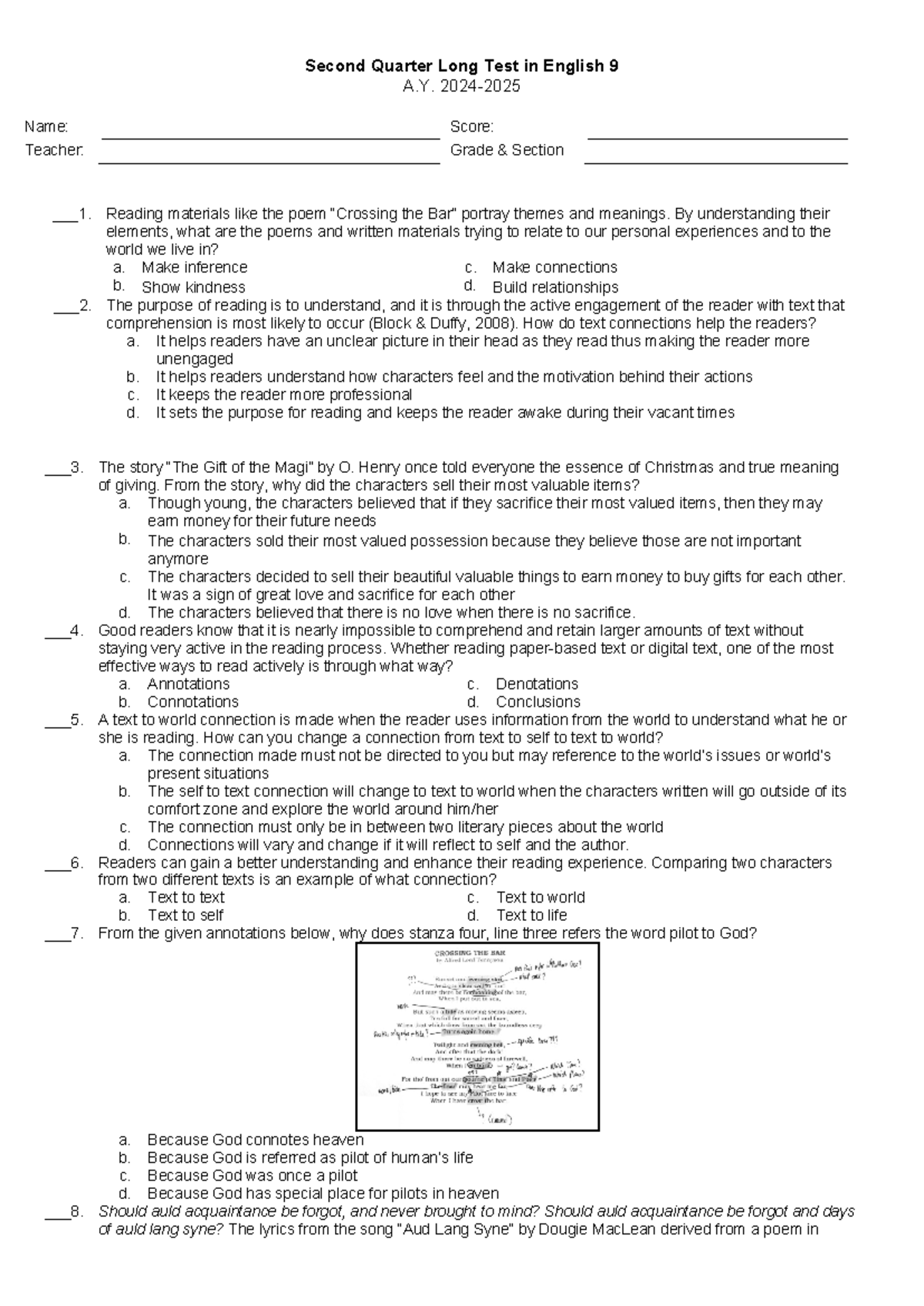 Long Test in English 9 2nd quater - Second Quarter Long Test in English ...