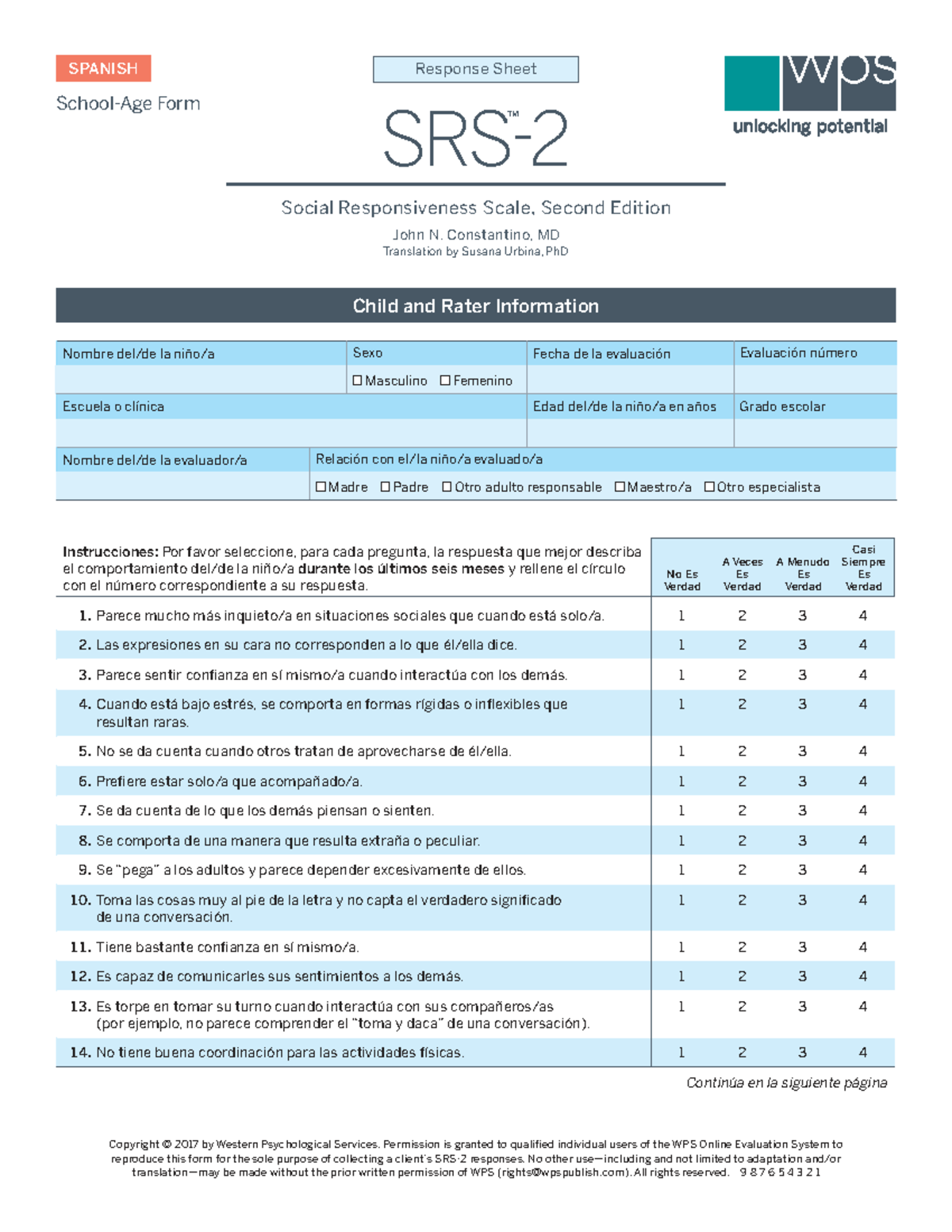 SPANISH SRS 2 Response Sheet for School-Aged Children - Studocu