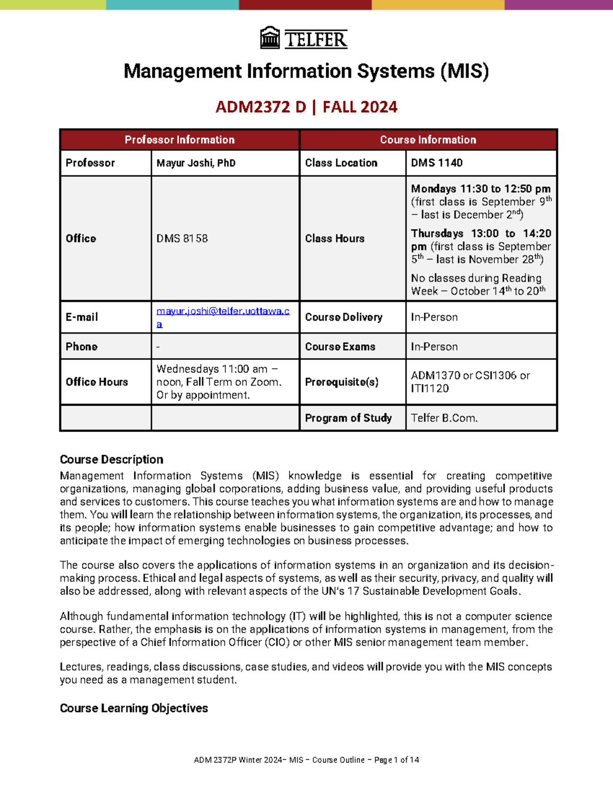ADM 2372D MIS Course Overview - Fall 2024 (Class Schedule & Exams ...