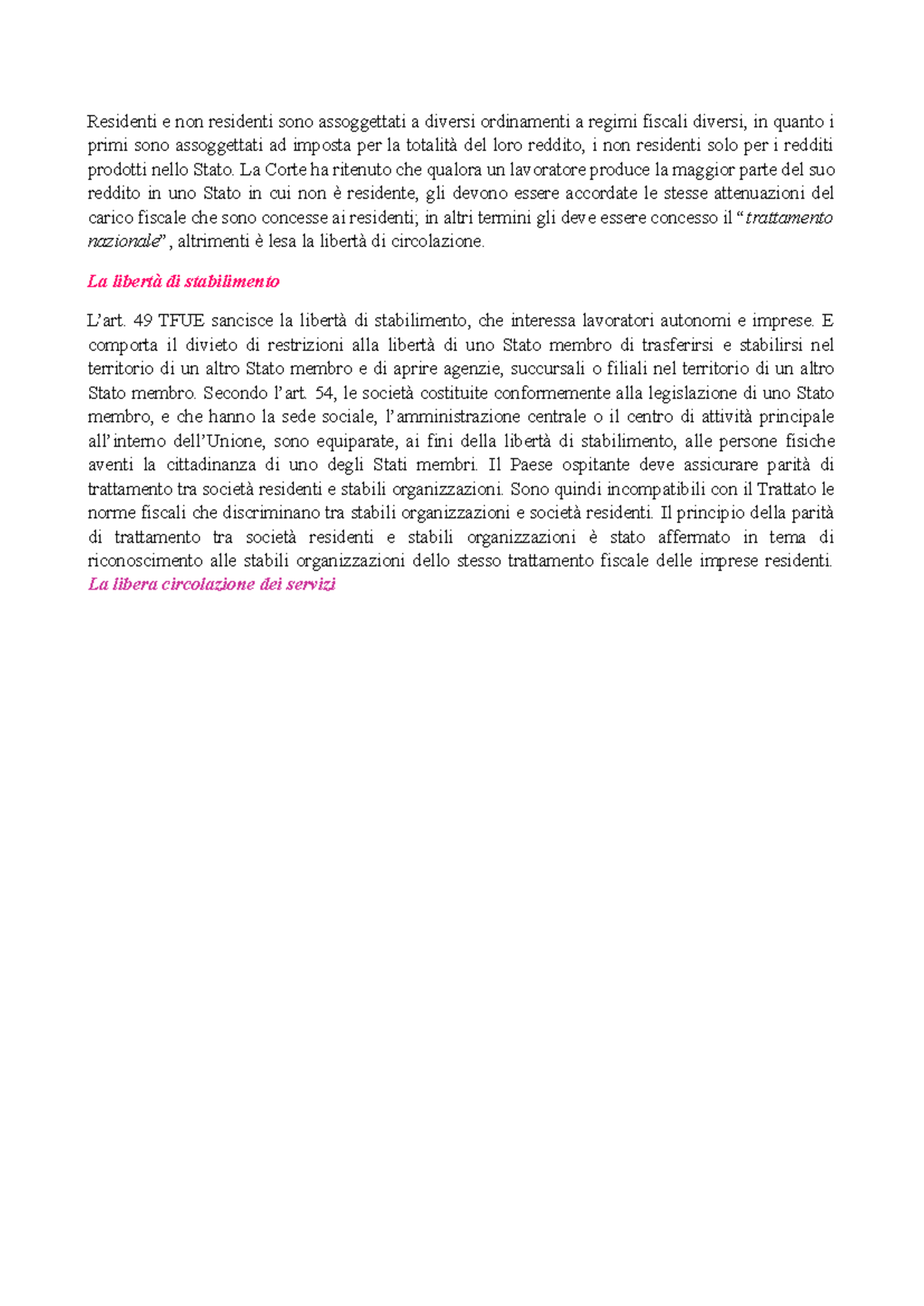 Residenti e Non Residenti: Regimi Fiscali e Libertà di Stabilimento ...