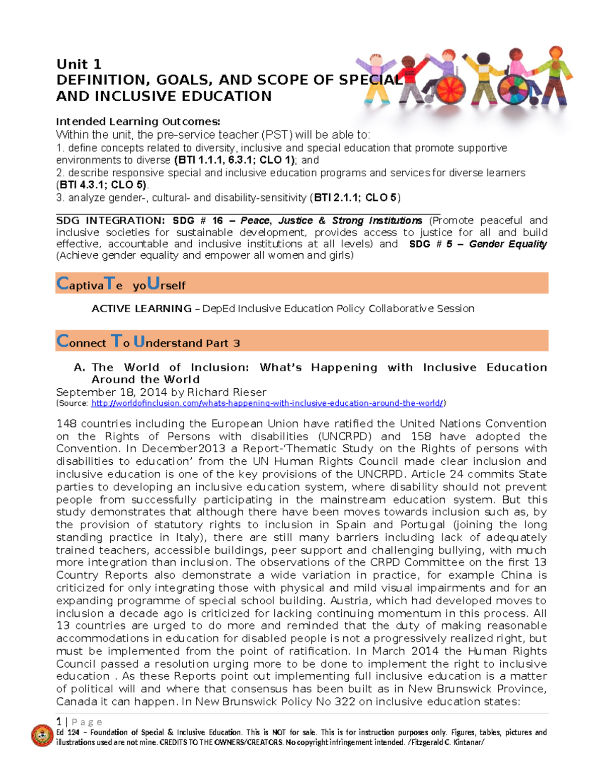Ed 124 Unit 1: Defining Goals & Scope of Inclusive Education - Studocu