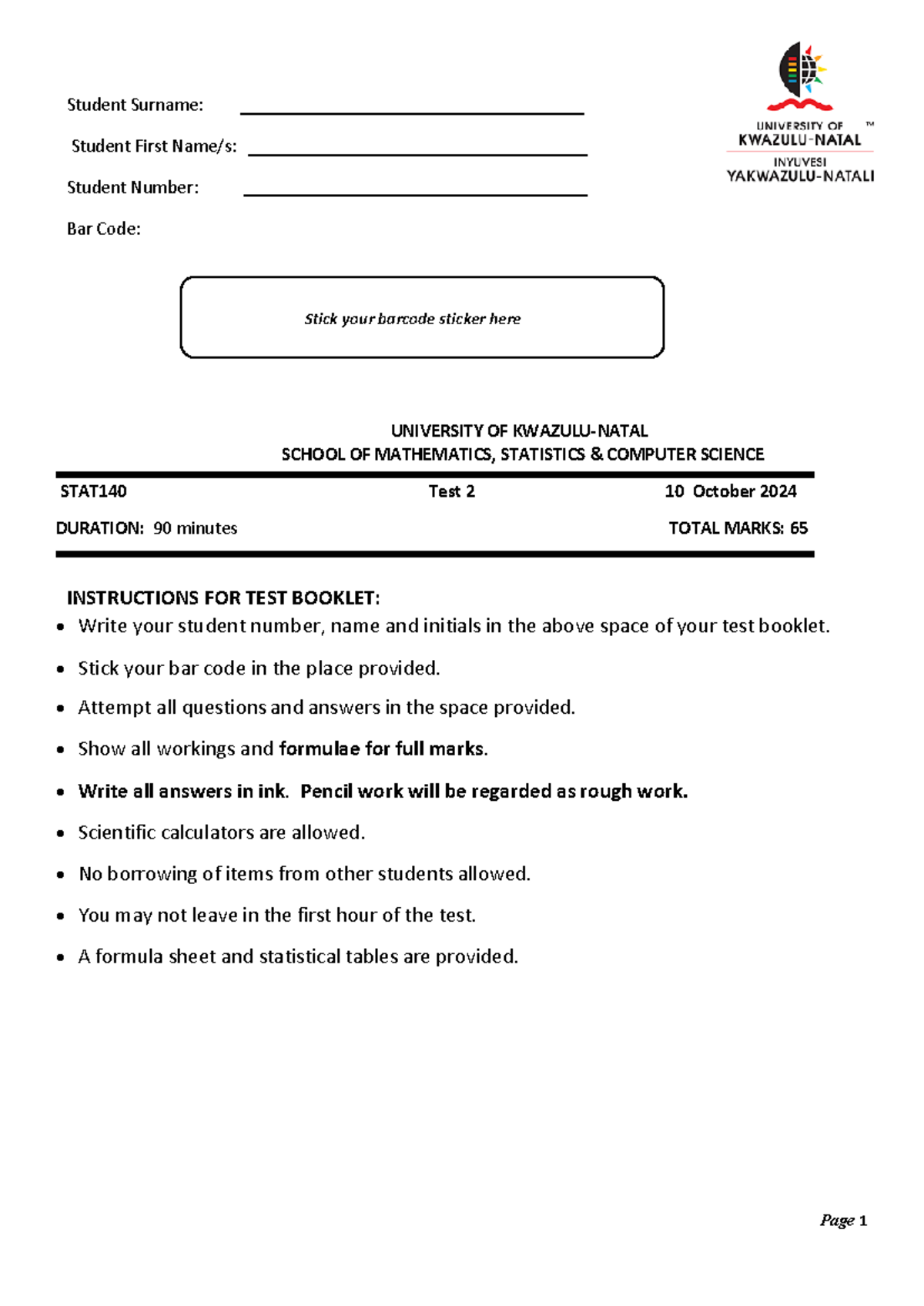 STAT140 Test 2 2024 - Comprehensive Exam Questions and Guidelines - Studocu