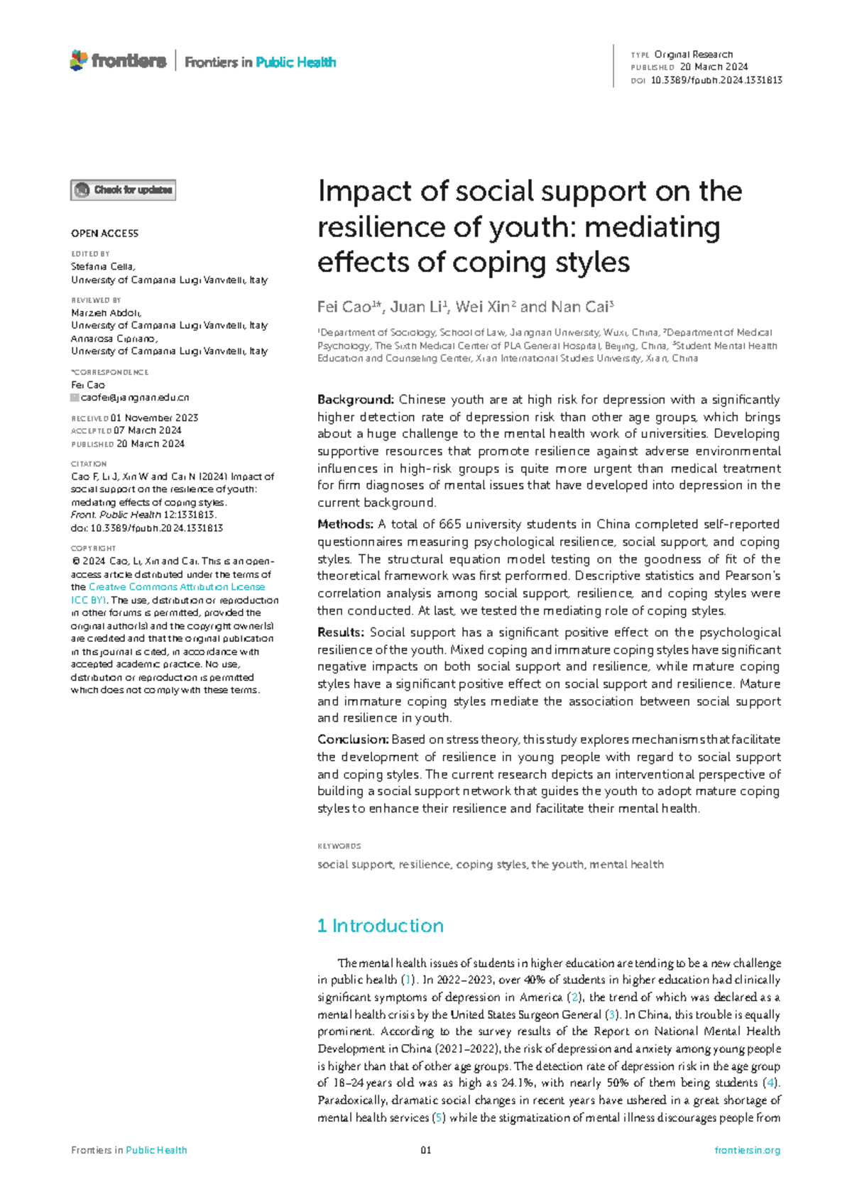 Impact of Social Support on Youth Resilience: Coping Styles Mediation ...