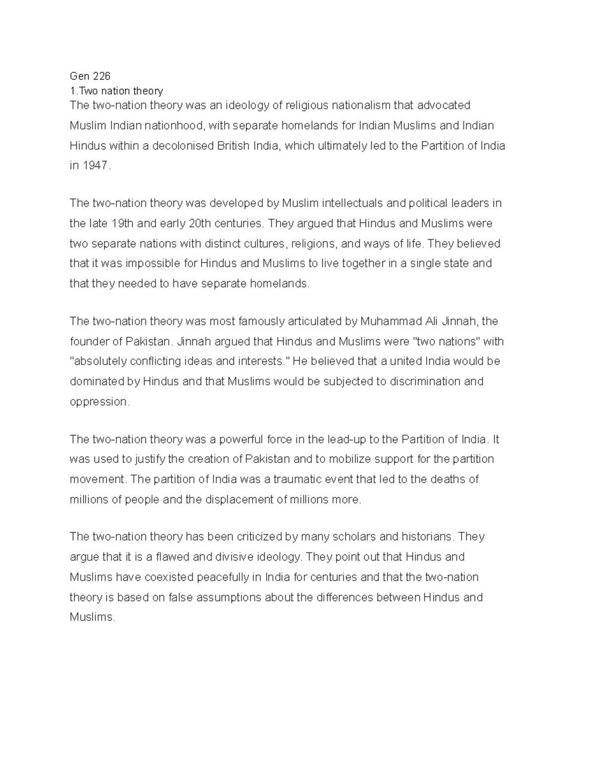 Gen 226 - Two-Nation Theory and Language Movement Insights - Document Preview