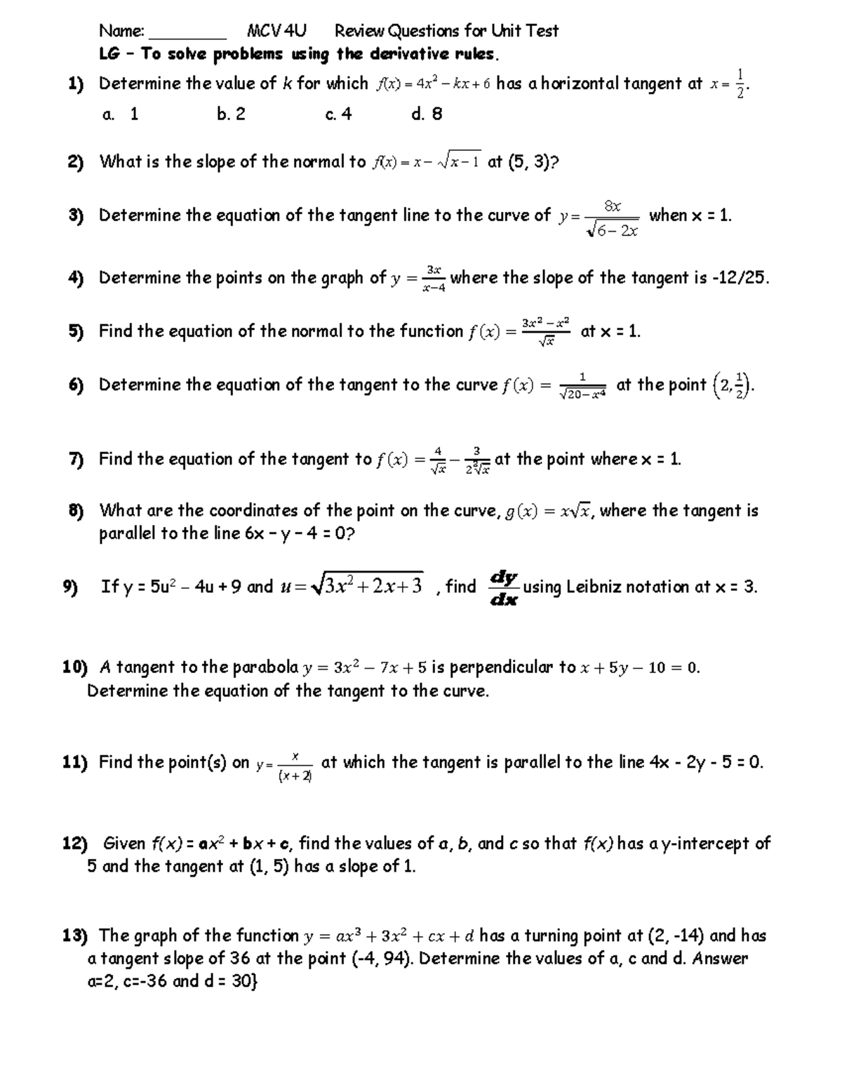 MCV 4U Unit Test Review: Derivative Word Problems - Studocu