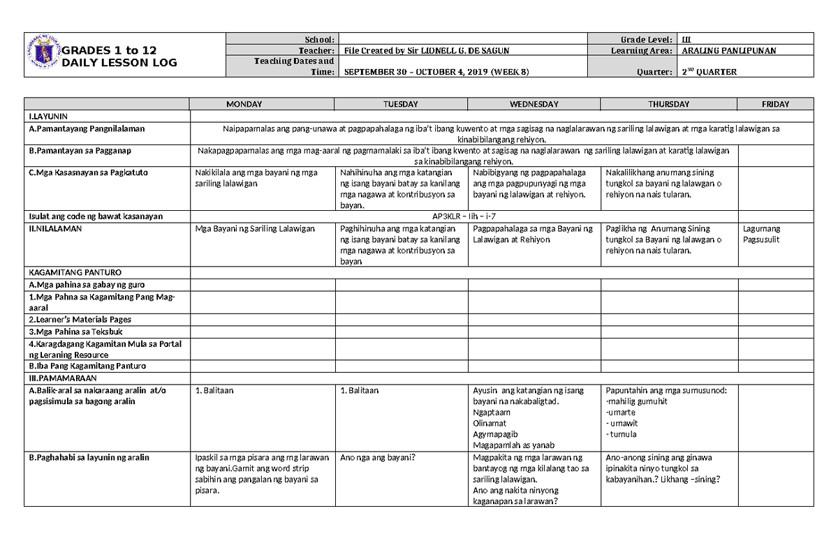 DLL Araling Panlipunan 3 Q2 W8 - GRADES 1 to 12 DAILY LESSON LOG School ...
