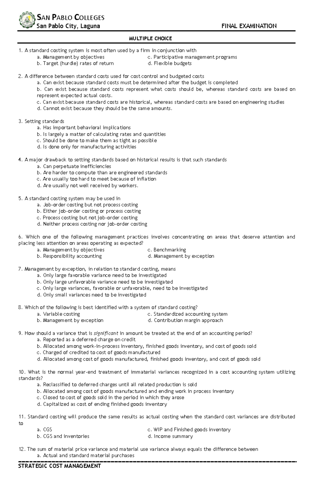 Final Exam - Strategic Cost Management (STR 101) - Studocu