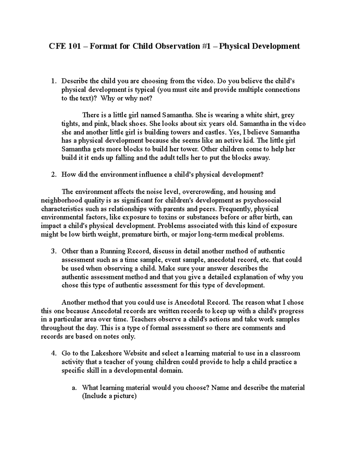 CFE 101 - Child Observation #1: Assessing Physical Development - Studocu