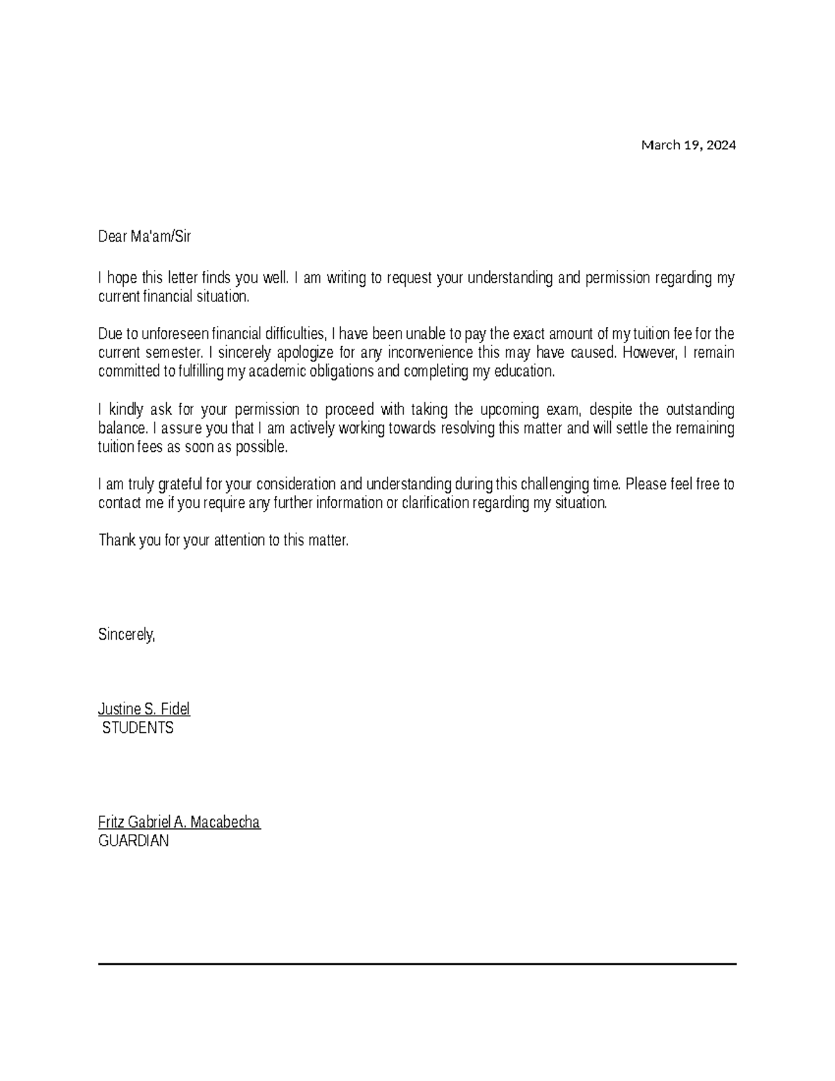 Promissory Note Request for Exam Permission - Justine S. Fidel - Studocu