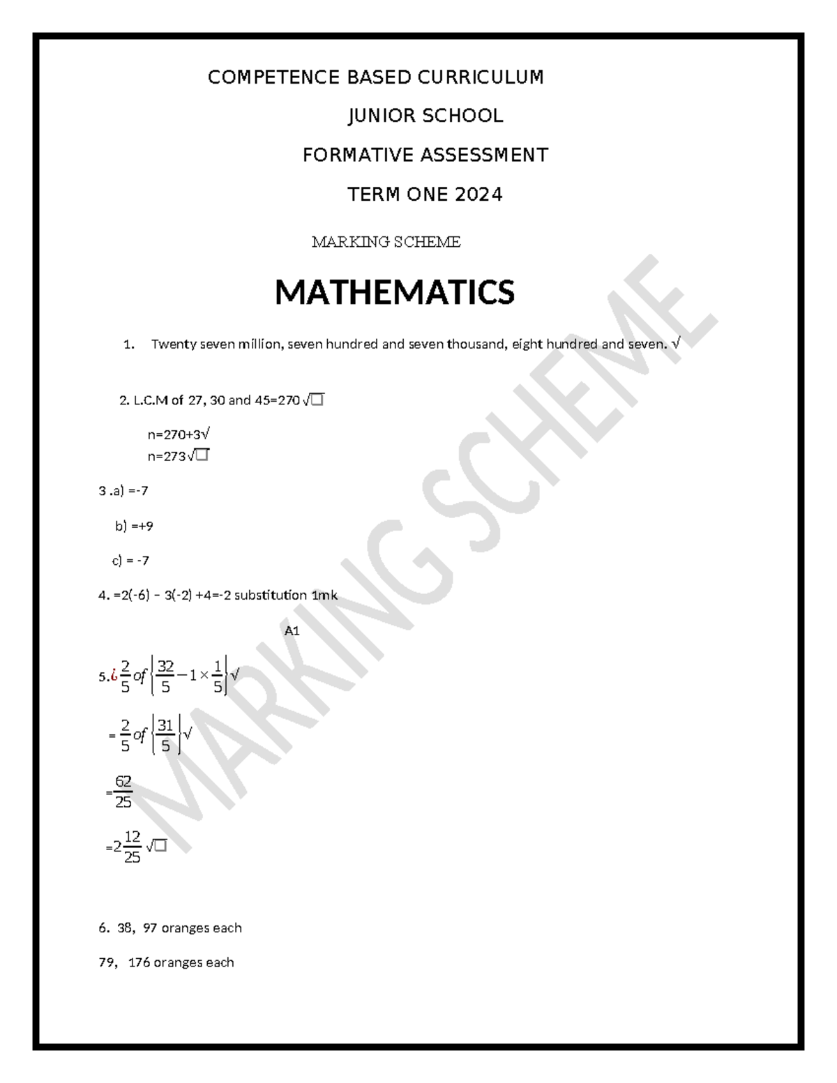 Grade 8 MATH MS4 - Term One Formative Assessment Marking Scheme - Studocu