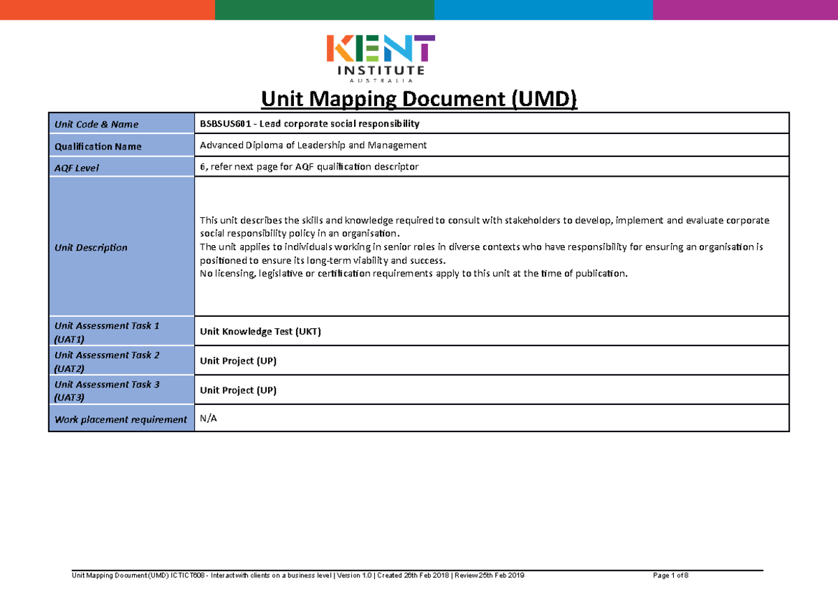 Unit Mapping Document - BSBSUS601 Lead CSR Policy Development - Studocu