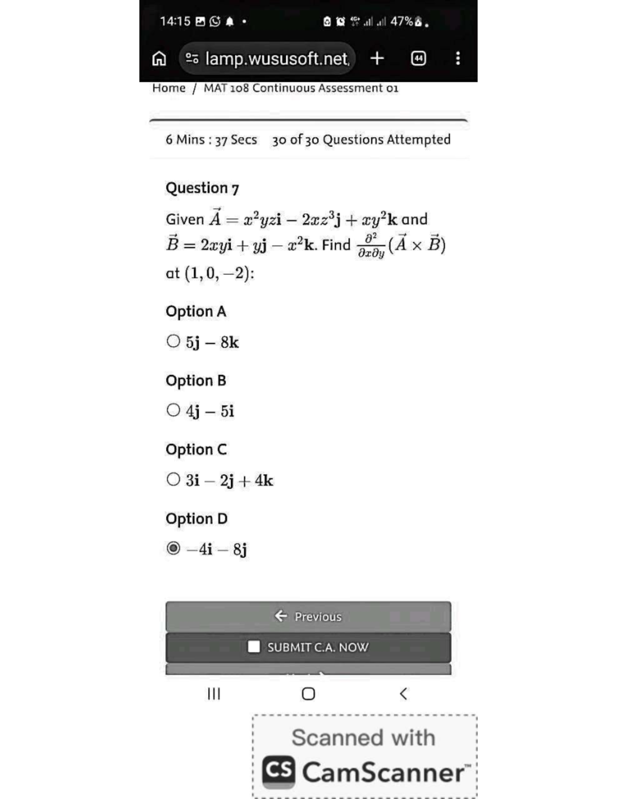 MAT 108 Continuous Assessment 01: Vector Calculations and Parabolas ...