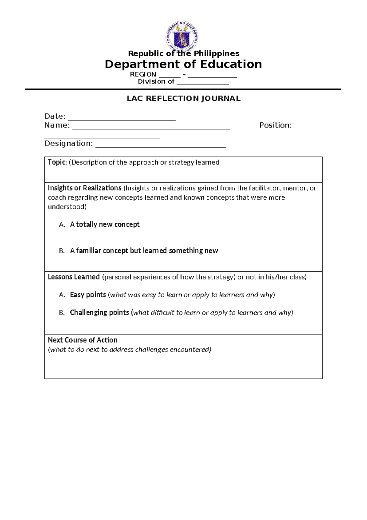 Reflection Journal: Insights & Lessons Learned - Sample Document - Studocu