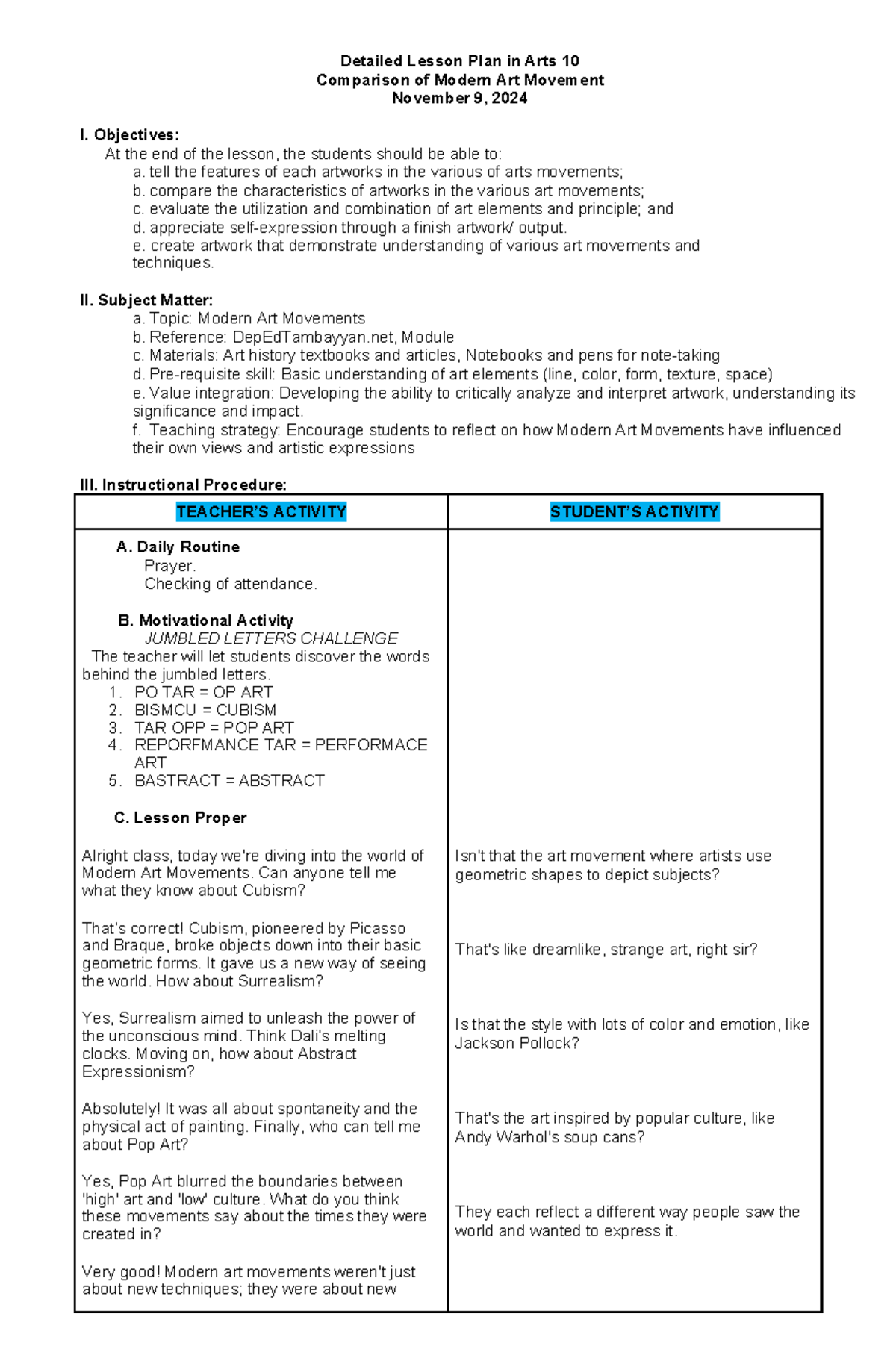 DLP: Lesson Plan on Modern Art Movements for Arts 10 - Studocu
