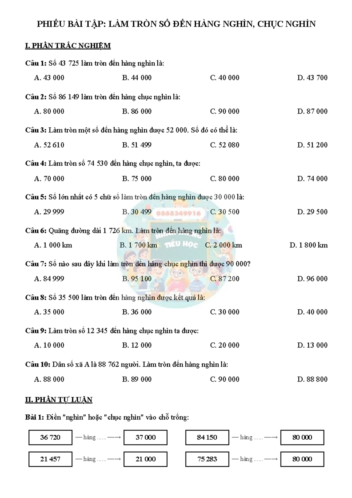 PHIẾU BÀI TẬP: LÀM TRÒN SỐ ĐẾN HÀNG NGHÌN, CHỤC NGHÌN LỚP 3 - Document Preview