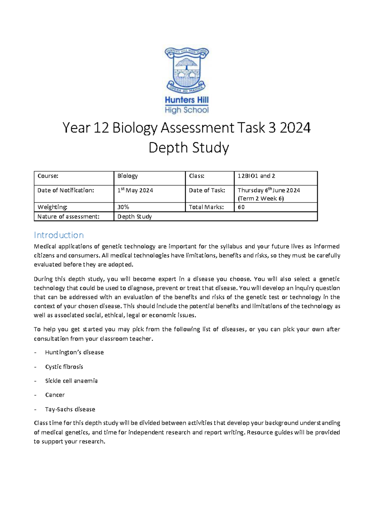 AT3 Bio Depth Study Notification for 12BIO1/2 - Due 6 June 2024 - Studocu