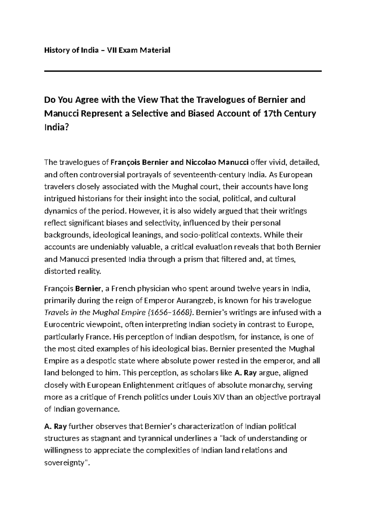 History of India VII Final Exam: Evaluating Bernier and Manucci's ...