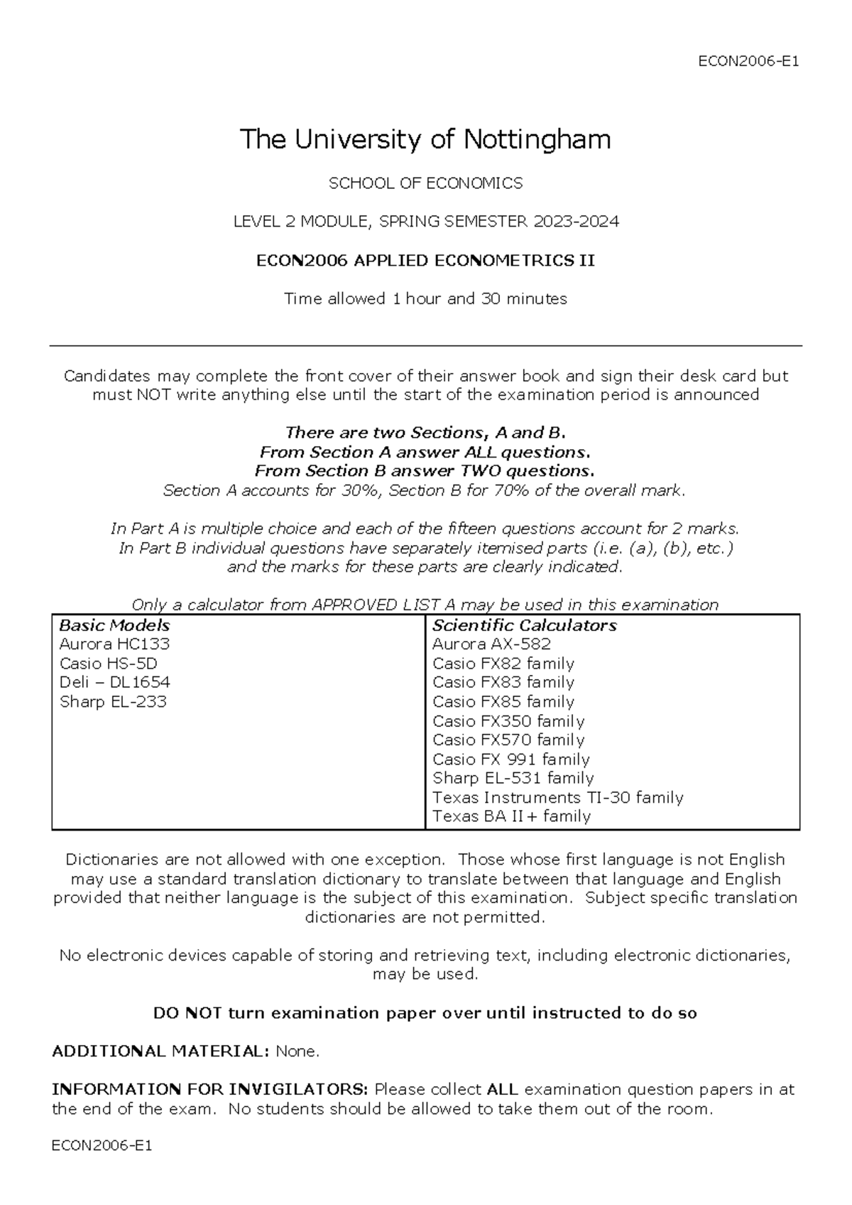 ECON2006 Final Exam Paper: Applied Econometrics II 2023-24 - Studocu