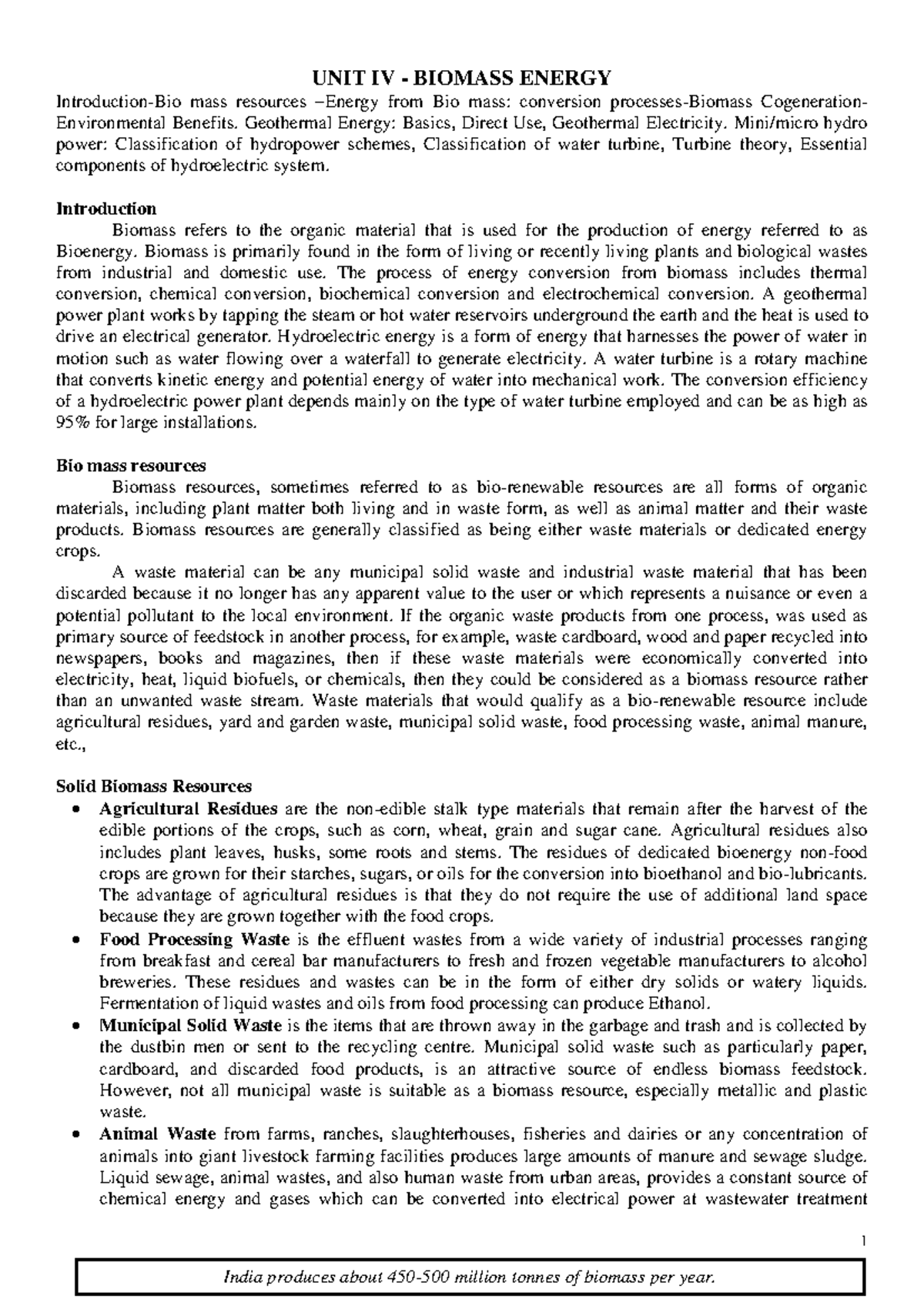 Bio1 - Unit IV: Biomass, Geothermal, and Hydropower Energy Resources ...