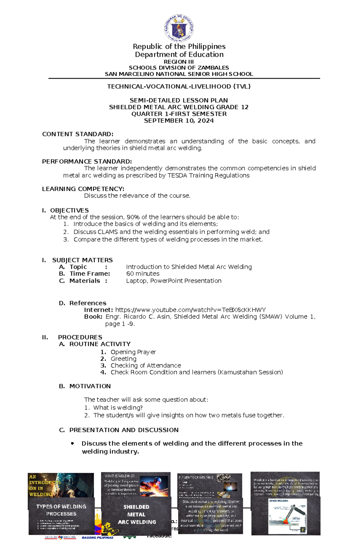 SEMI-Detailed Lesson Plan for SMAW 9: Shielded Metal Arc Welding - Studocu