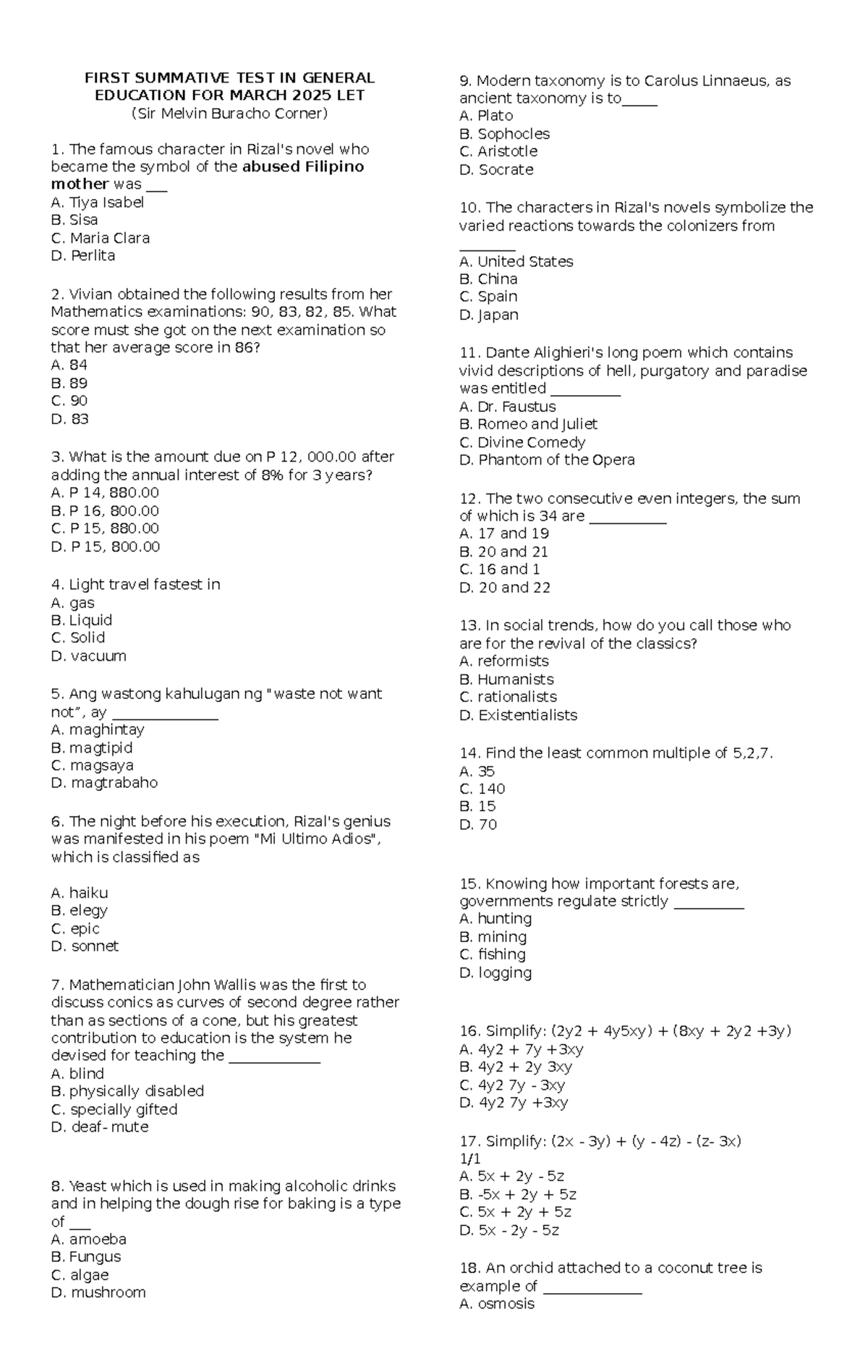 1st Summative Test in General Education (GE) for LET March 2025 - Studocu