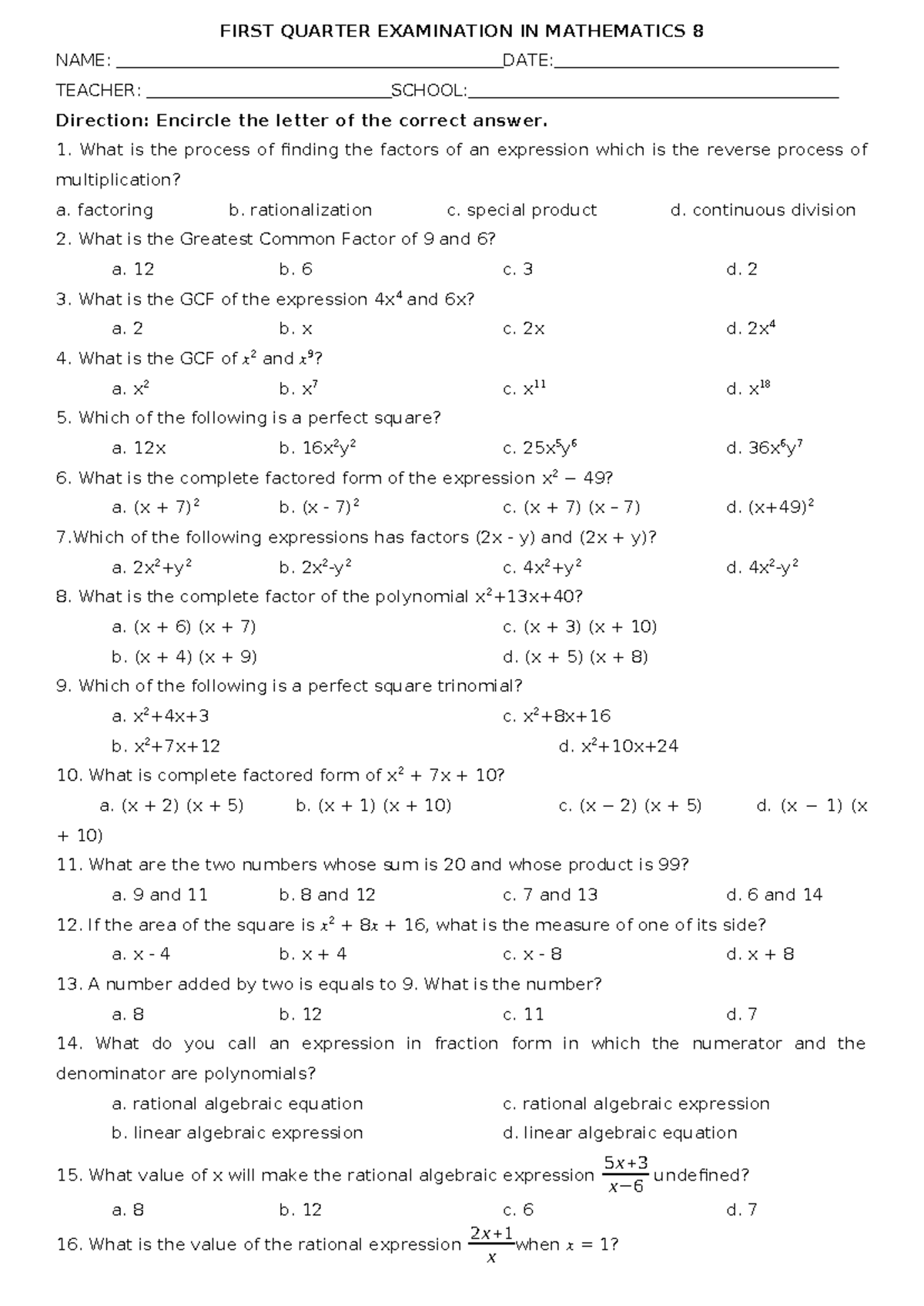First Quarter Exam in Mathematics 8 - Studocu