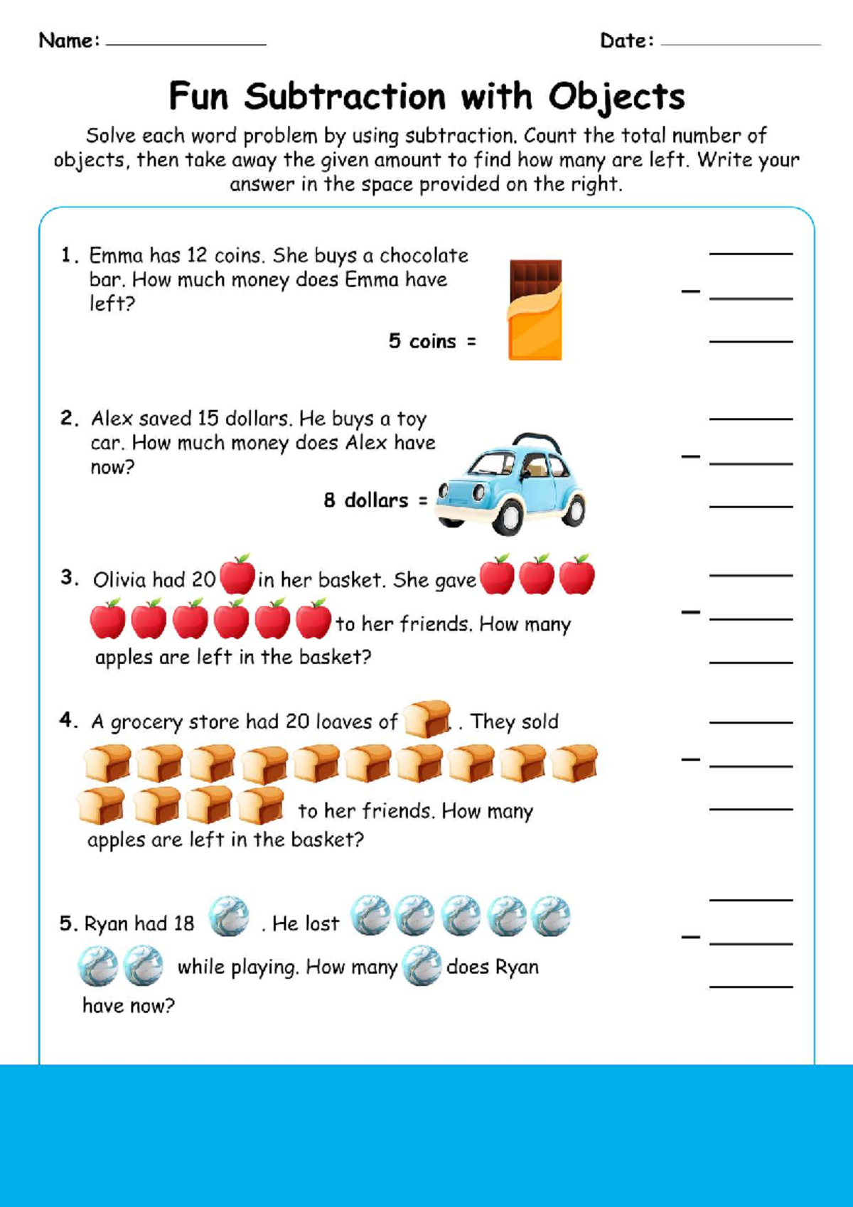 Fun Subtraction with Objects - 1st Grade Worksheet - Name: Date: Fun ...
