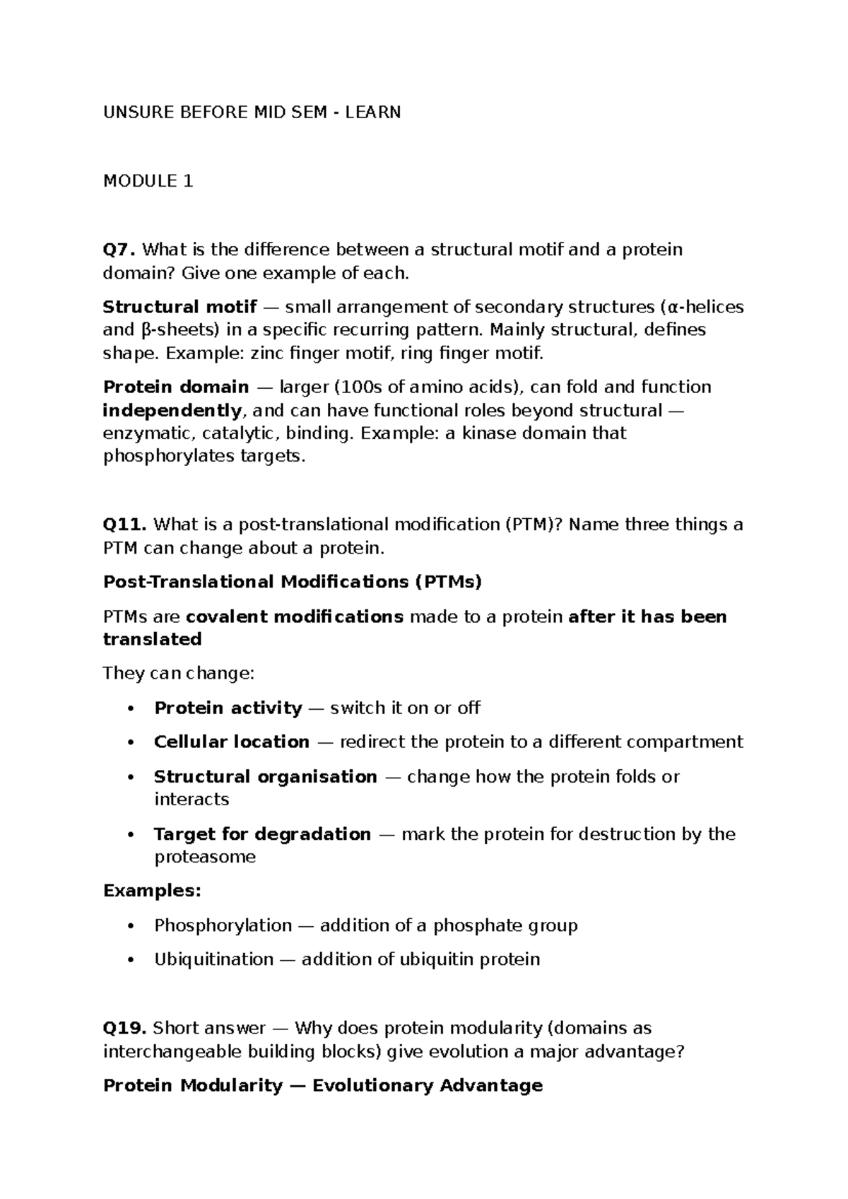 UNSURE BEFORE MID SEM - Module 1 Study Notes on Protein Structure and ...
