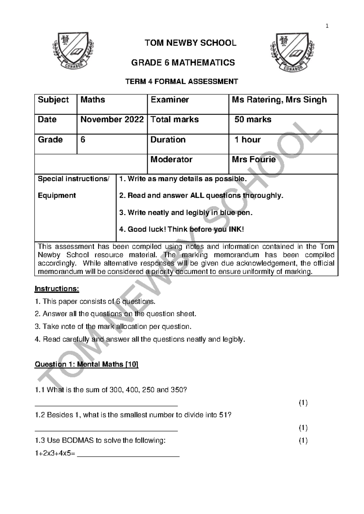 Grade 6 Maths Term 4 Formal Assessment - November 2022 - Studocu
