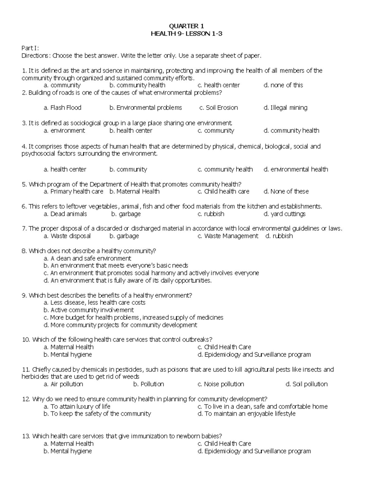 HEALTH 101: Quarter 1 Long Exam on Community Health Concepts - Studocu