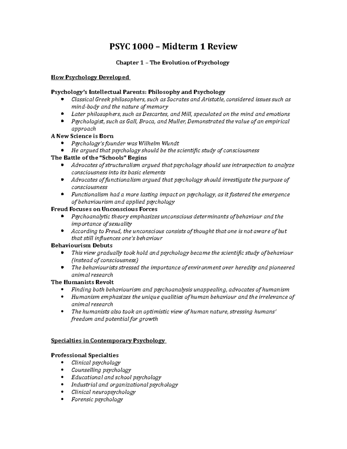 Exam 5 March, questions and answers - PSYC 1000 – Midterm 1 Review ...