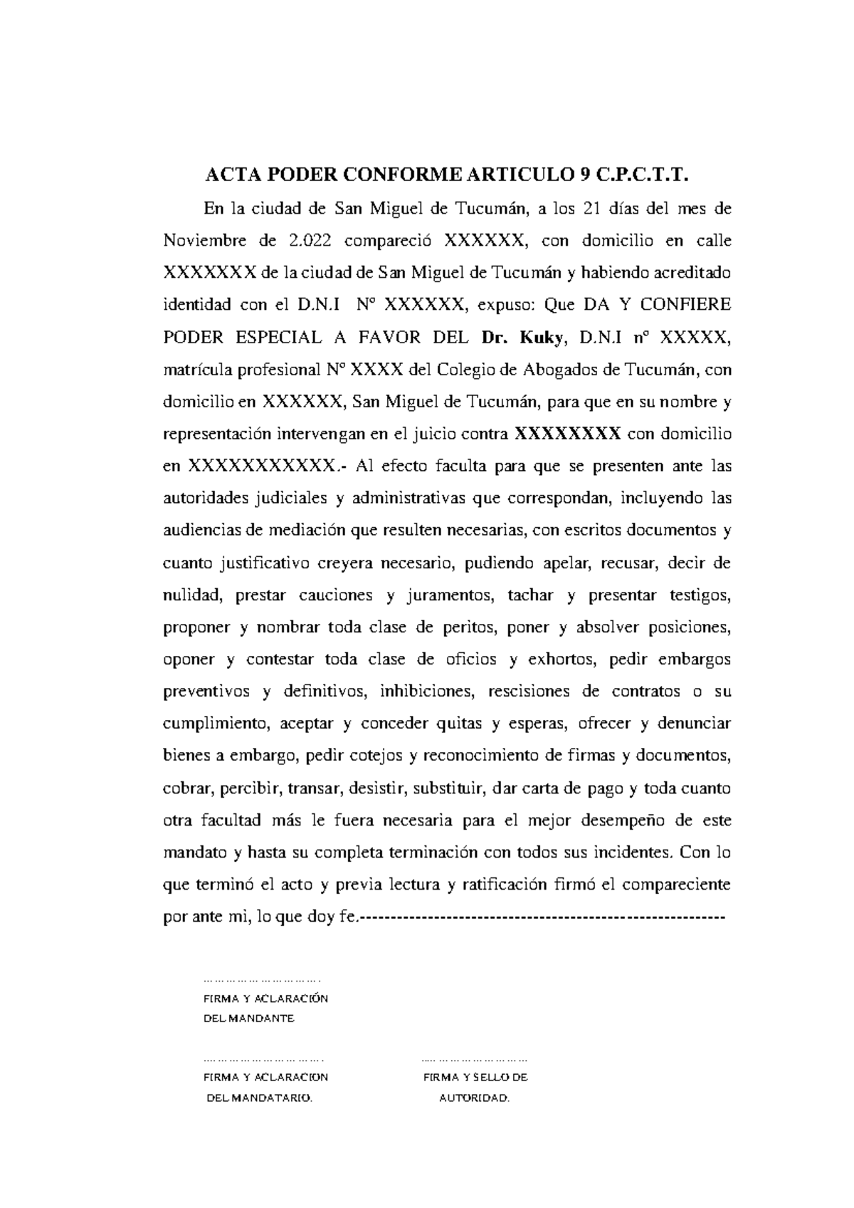 ACTA PODER PARA JUICIO SEGÚN ARTÍCULO 9 C.P.C.T.T. - Studocu