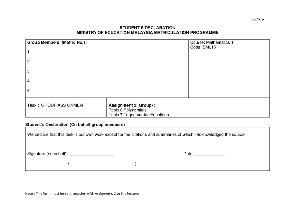 PTP Group Assignment - Ptp - PB/PTP Note : This form must be sent ...