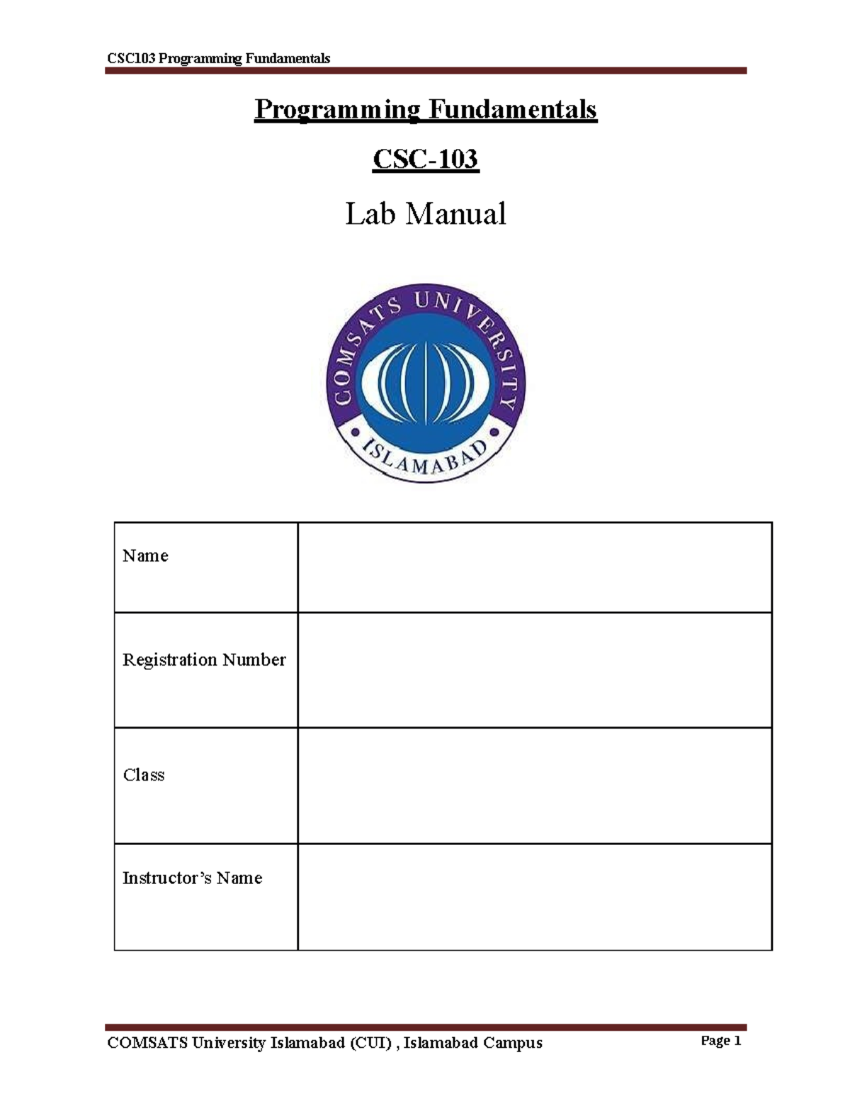 CSC 103 lab manual-converted - CSC103 Programming Fundamentals COMSATS ...
