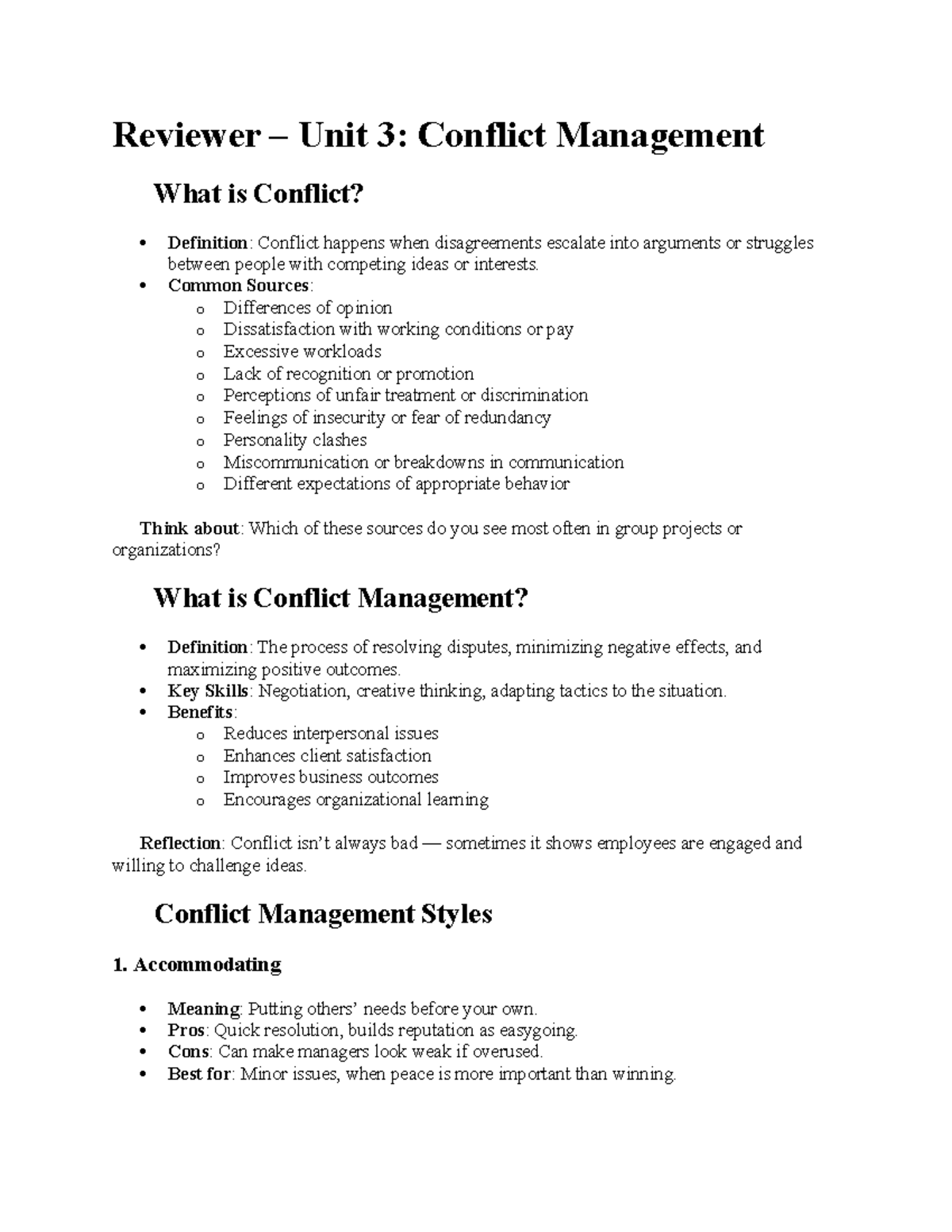 Unit 3 Reviewer: Conflict Management & Resolution Strategies - Studocu