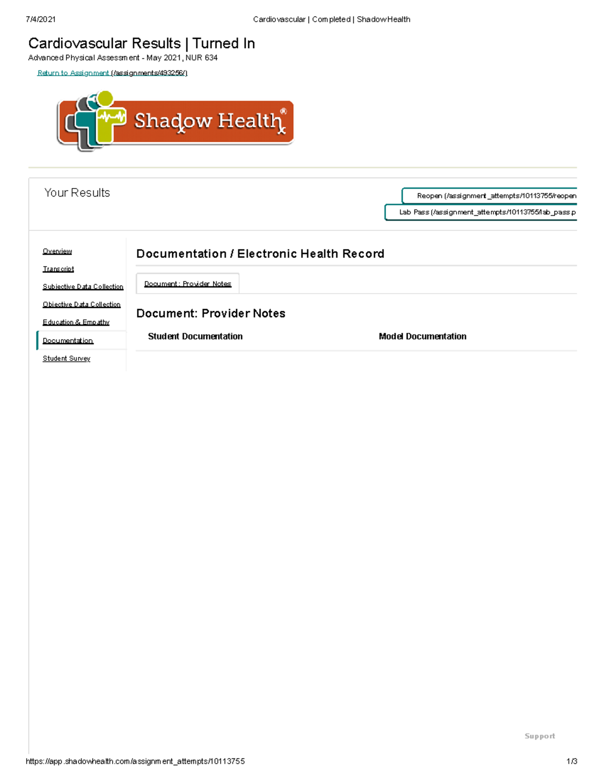 NUR 634 Cardiovascular Completed Assessment - Shadow Health Insights ...