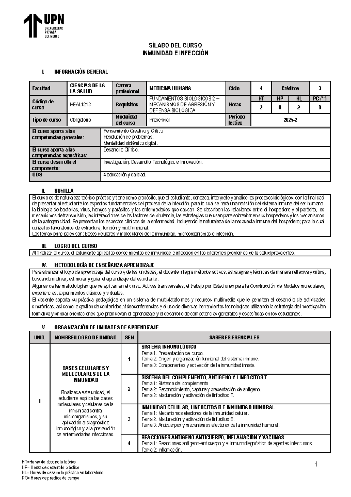 Sílabo del Curso HEAL1213: Inmunidad e Infección I - Document Preview