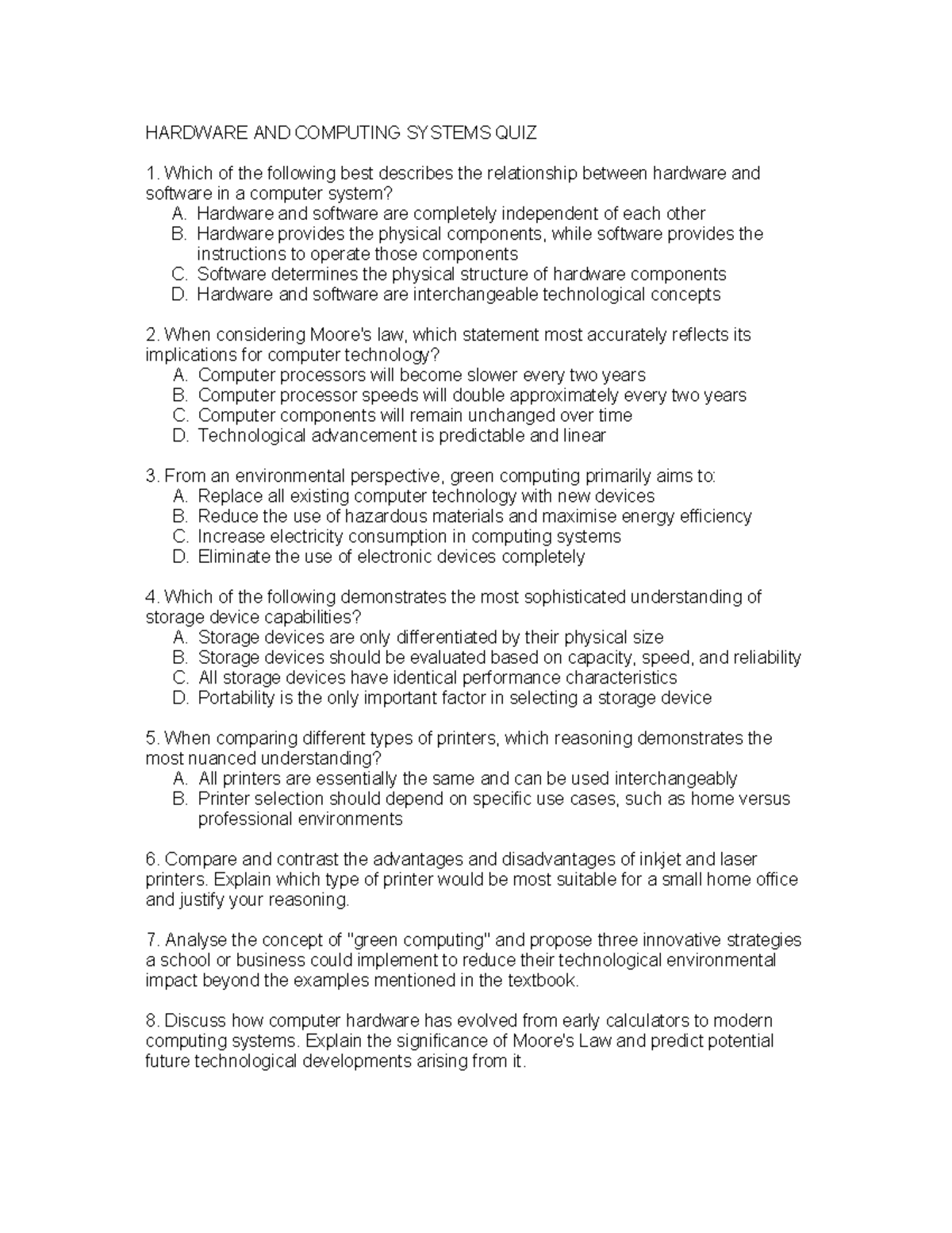 HARDWARE AND COMPUTING SYSTEMS QUIZ 1 - CHAPTER 5 REVIEW - Studocu
